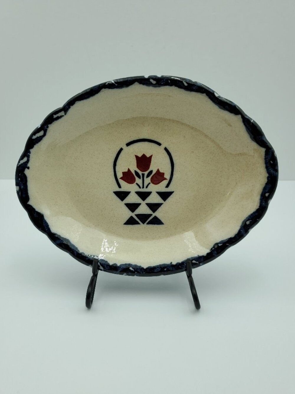 Spongeware Stencil Tulip Flower Basket Oval Plate Appetizer Dish Catch-All Tray